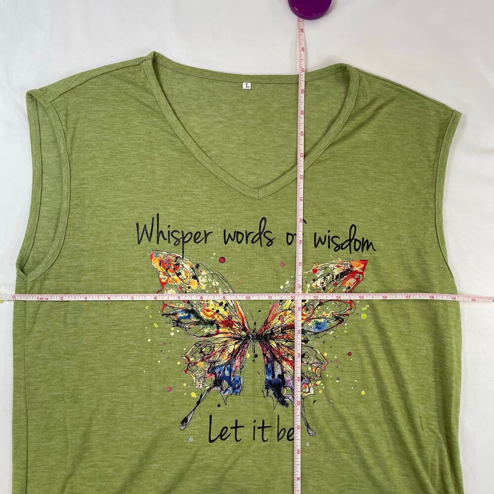 Butterfly Whisper Tank Green Large Women's Sleeveless V-Neck Graphic Tee - Picture 7 of 7